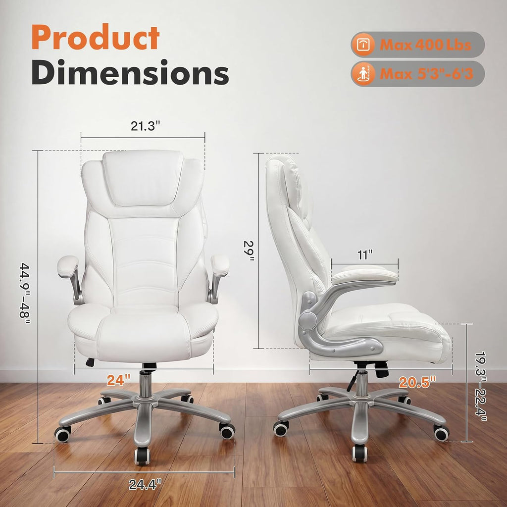 GYI Big and Tall Office Chair 400lb Wide Seat, Ergonomic High Back Leather Executive Desk Chair with Flip-up Arms, White