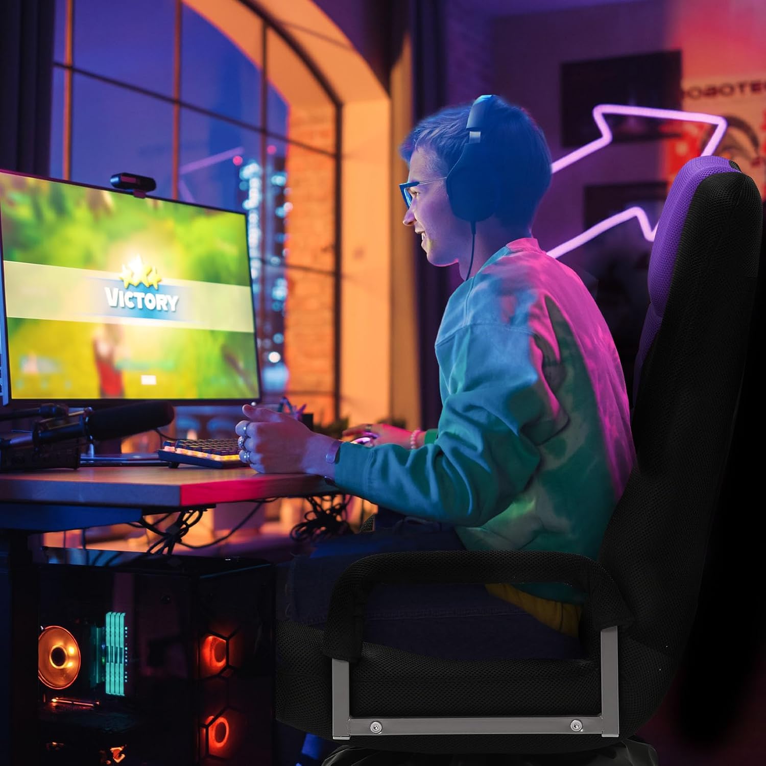 Swivel Gaming Chair Multipurpose 2PACK Floor Gaming Chair for Playing Video Games, TV, Reading w/Armrest Lumbar Support & 6 Adjustable Postion Backrest for Adults,Purple