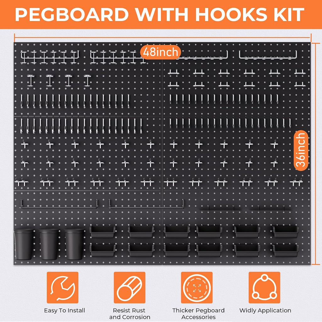 INCLY 48x36 Inch Metal Peg Board Kit with 1/4' Pegboard Hooks Accessories, 6PCS Peg Board Panels and 234PCS Black Pegboard Wall Organizer Tool Storage System for Garage Workbench Shed