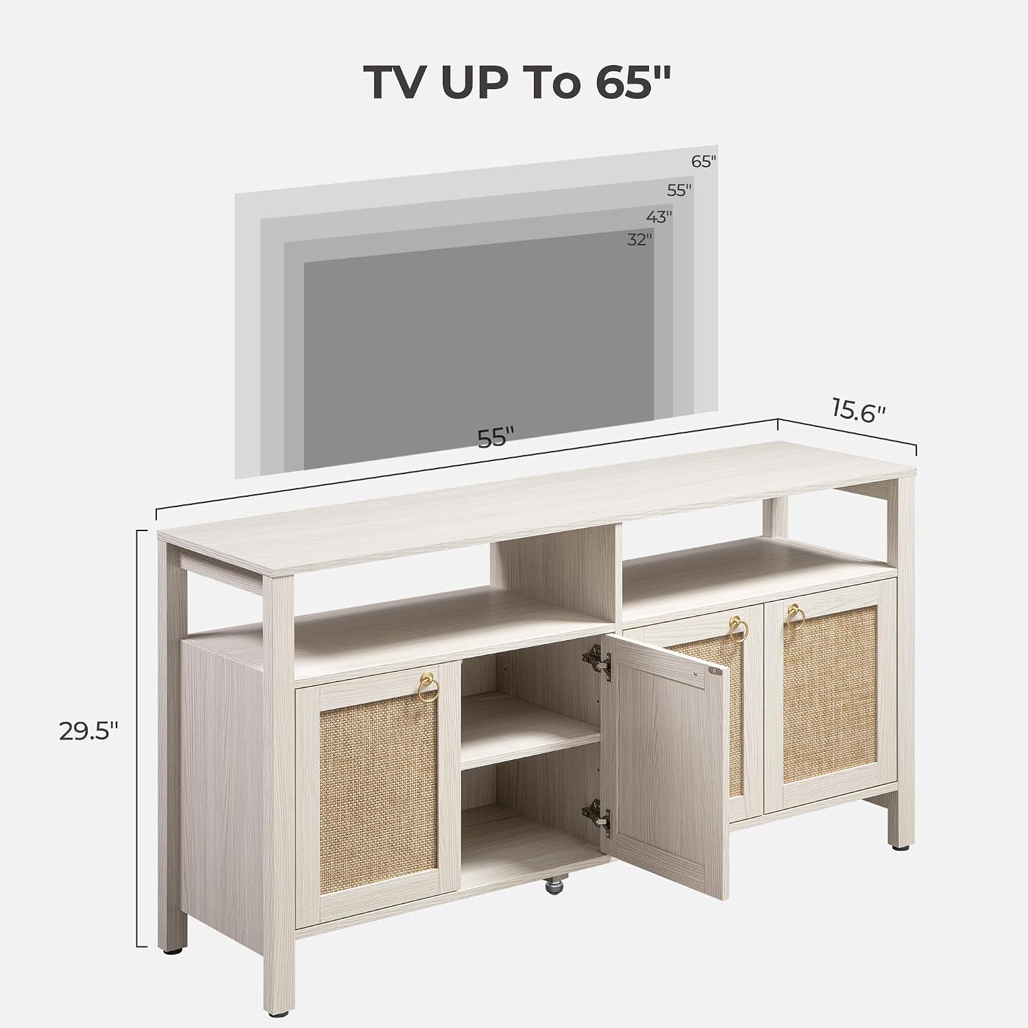 SICOTAS Rattan TV Stand for Television up to 65 Inch - 29.5' Tall Entertainment Center with Storage and Open Shelves,Boho Credenza TV Console Cabinet with 4-Doors and Adjustable Shelf for Living Room