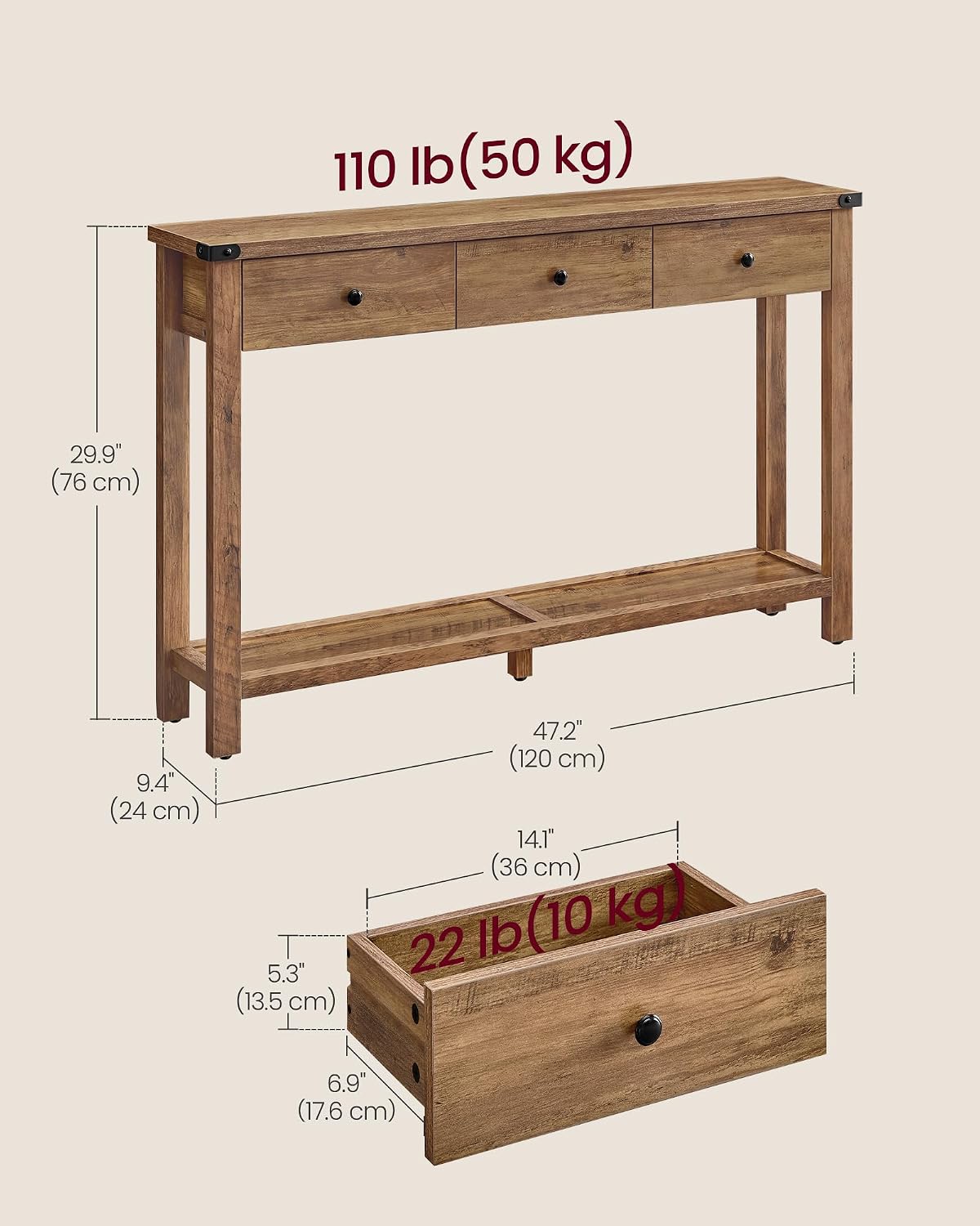 VASAGLE LIRY Collection - Console Table with 3 Drawers and Open Storage Shelf, Narrow Entryway Sofa Table for Living Room, Farmhouse Style, Metal Corners, Honey Brown ULNT142KB02S