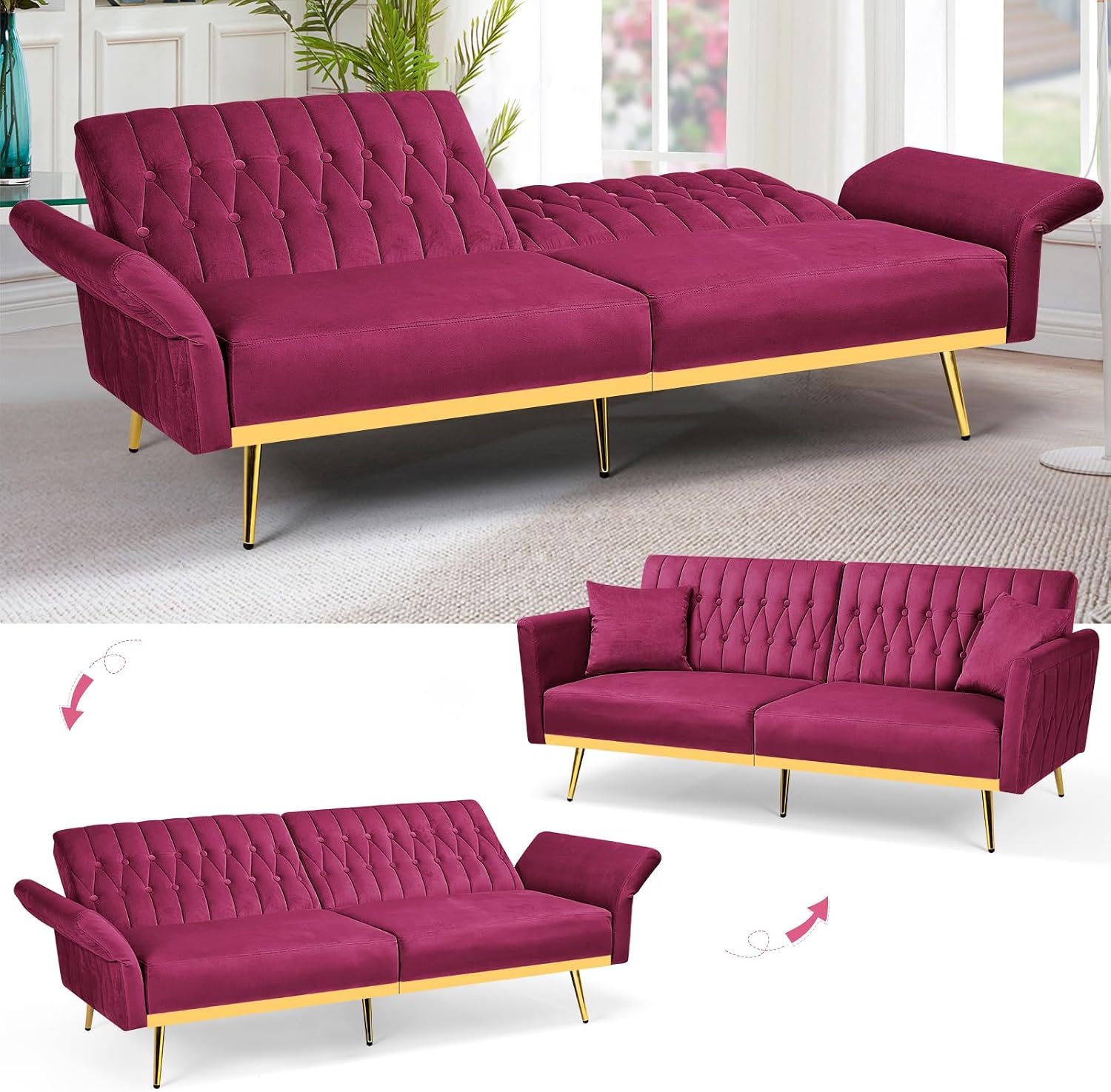 2 Pieces Velvet Futon Sofa Set with Adjustable Backrests and Armrests, 70' Convertible Sofa Bed & Tufted Accent Chair with Ottoman for Living Room, Fuchsia