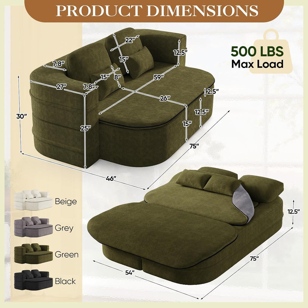 Antetek Convertible Sleeper Sofa, Modern Folding Futon Chenille Floor Foam Compression Loveseat Sofa Bed Couch, Foldable Full Size Guest Bed with 4 Pillows for Living Room Bedroom Apartment, Green