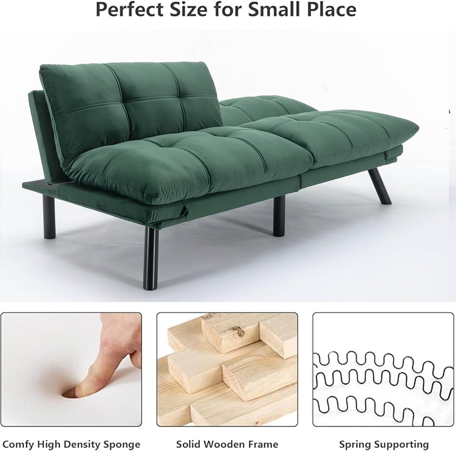 Anwick Velvet Convertible Futon Sofa Bed,71' Modern Comfy Loveseat Sleeper Sofa with Adjustable Backrest Armrest,Folding Futon Sleeper Recliner for Living Room,Office,Apartment (Emerald)