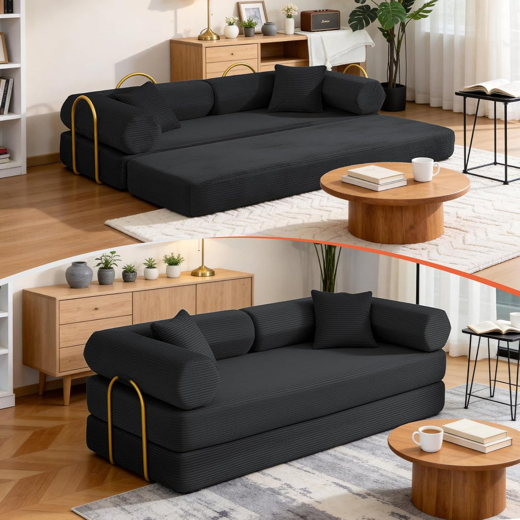 79' Corduroy Sofa Bed, Boneless Couch in a Box with 2 Pillows, High-Density Foam 4-in-1 Foldable Sleeper Futon Loveseat for Small Spaces, No Assembly, Side Pockets, Hex Arm Black