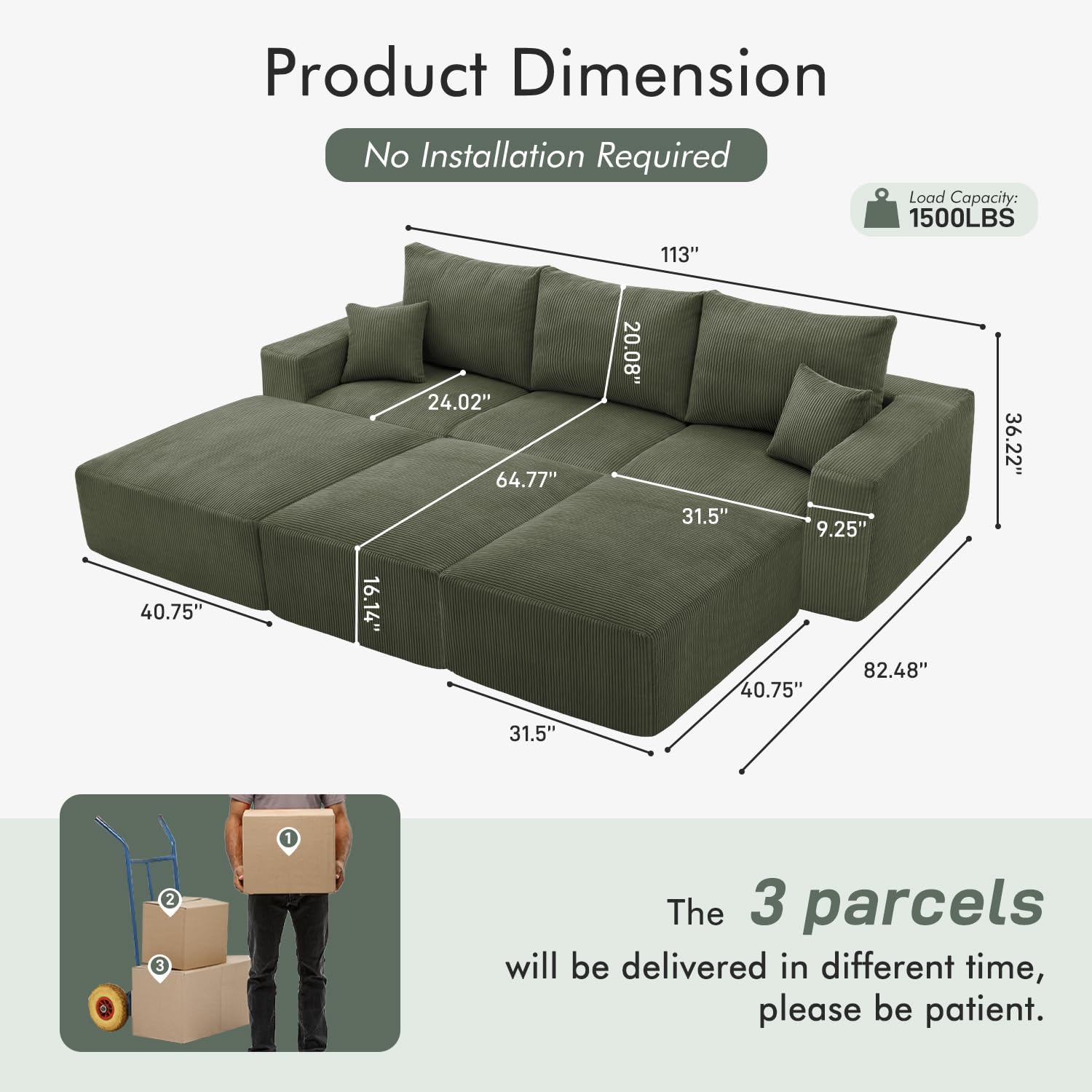 Gericco 113' Modular Sectional Couch, Cloud Boneless Sofa with Deep Seats, Upholstered Corduroy Sofa Bed with Loung Chaise, 3-Seater Couches for Living Room, No Assembly Required, Green
