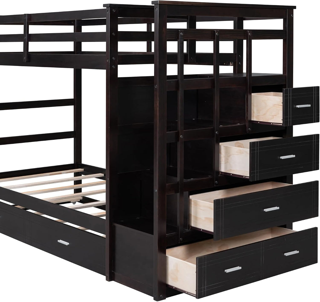 Harper & Bright Designs Twin Over Twin Bunk Bed with Staircase and Trundle, Solid Wood Bunk Beds with 4 Storage Drawers and Safety Guard Rail, Kids Bunk Bed Frame, No Box Spring Needed (Espresso)