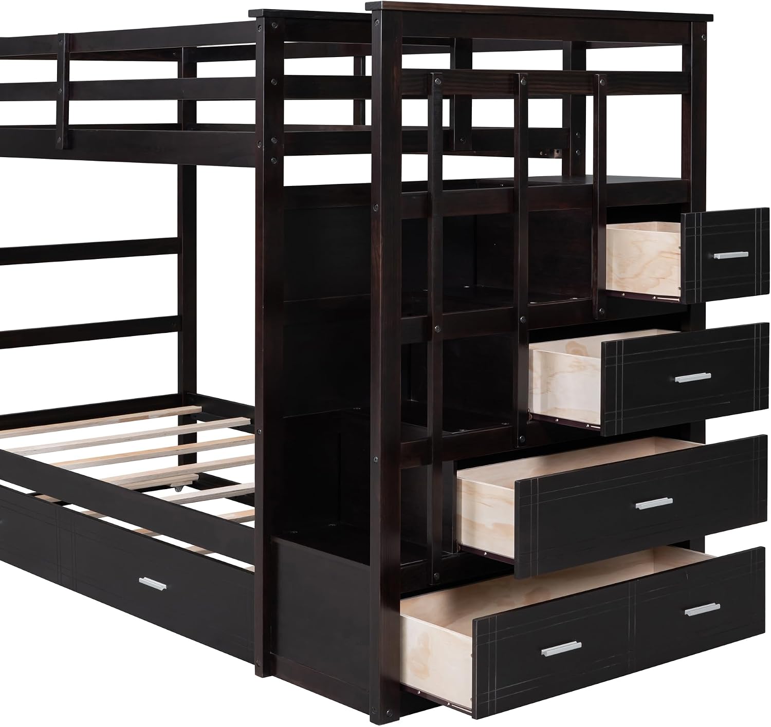 Harper & Bright Designs Twin Over Twin Bunk Bed with Staircase and Trundle, Solid Wood Bunk Beds with 4 Storage Drawers and Safety Guard Rail, Kids Bunk Bed Frame, No Box Spring Needed (Espresso)