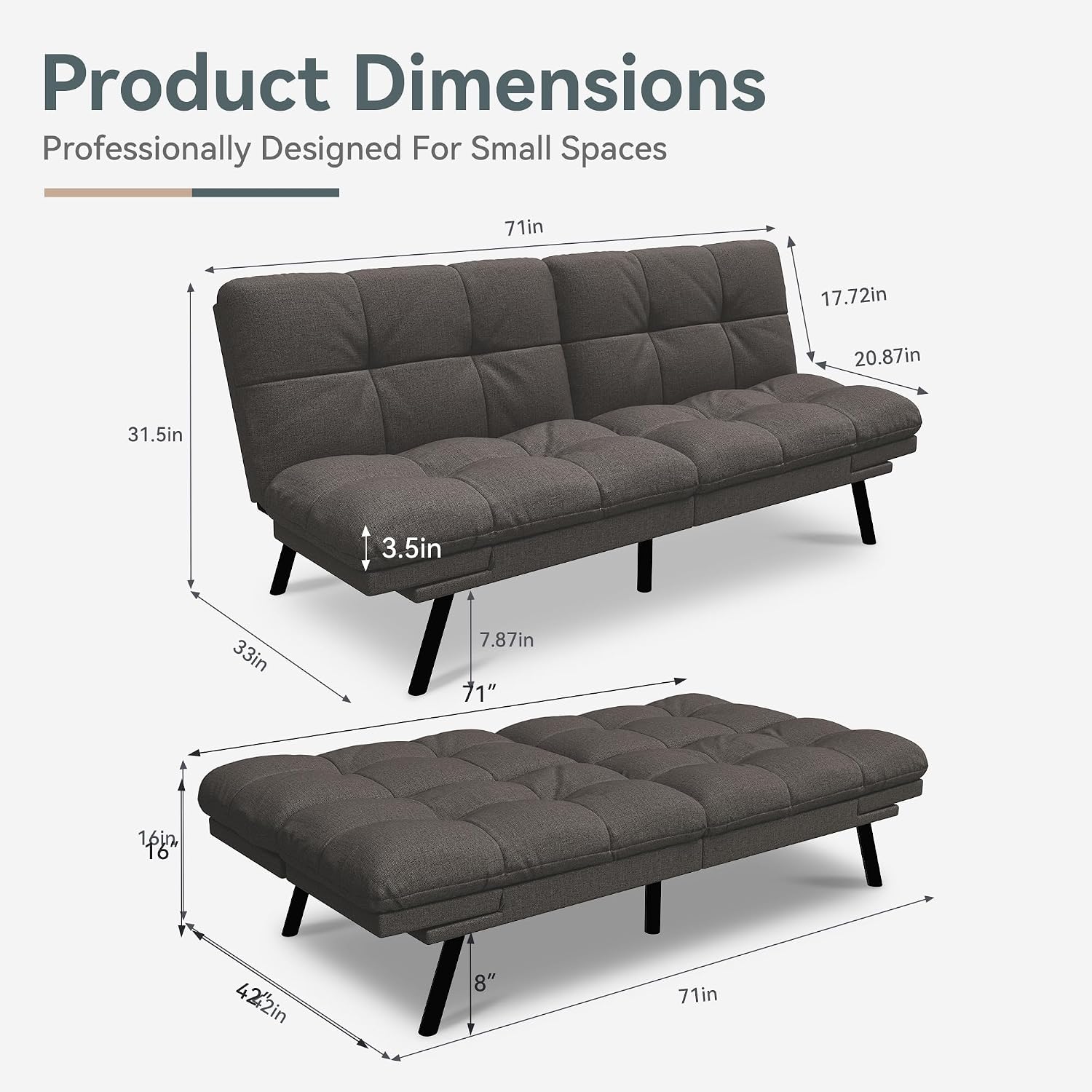 Vyfipt Convertible Futon Sofa Bed, Grey Linen Futon Couch with Adjustable Backrest & Armrests, Folding Small Recliner Sleeper Sofa Bed for Living Room, Apartment, Office