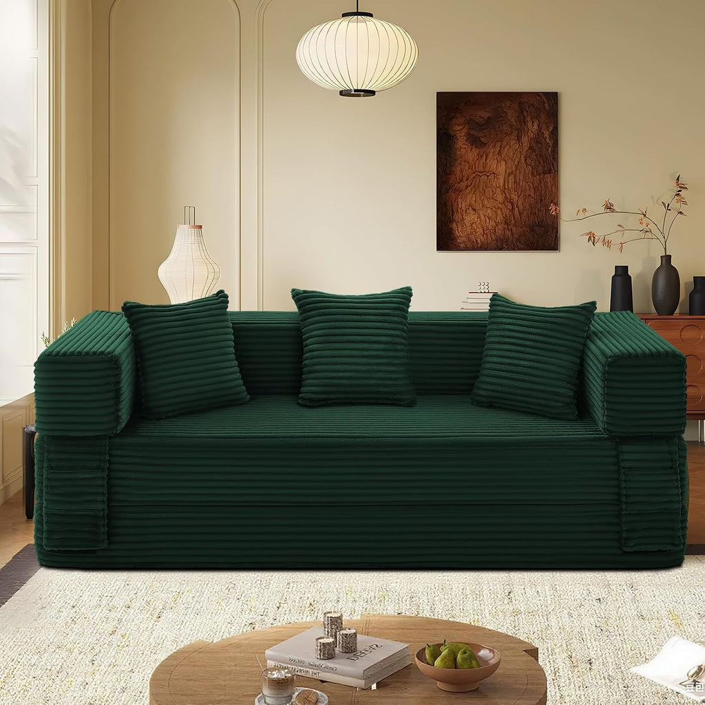 KBQ 3-Seat Convertible Sleeper Sofa Bed with 3 Pillows, Boneless Sofa in a Box Corduroy Folding Mattress Couch, Floor Sofa Lounge Couch for Living Room Bedroom Lounge, Deep Green