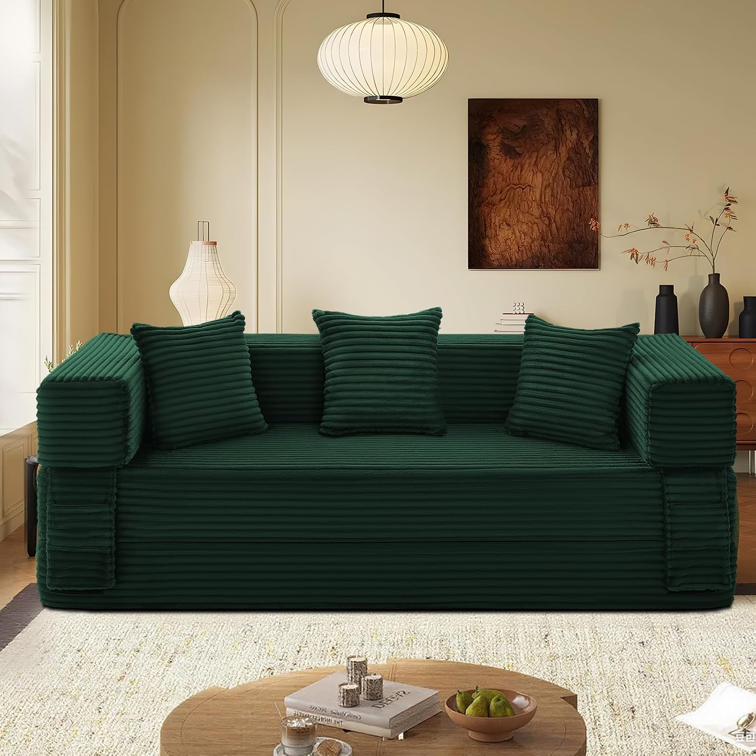 KBQ 3-Seat Convertible Sleeper Sofa Bed with 3 Pillows, Boneless Sofa in a Box Corduroy Folding Mattress Couch, Floor Sofa Lounge Couch for Living Room Bedroom Lounge, Deep Green