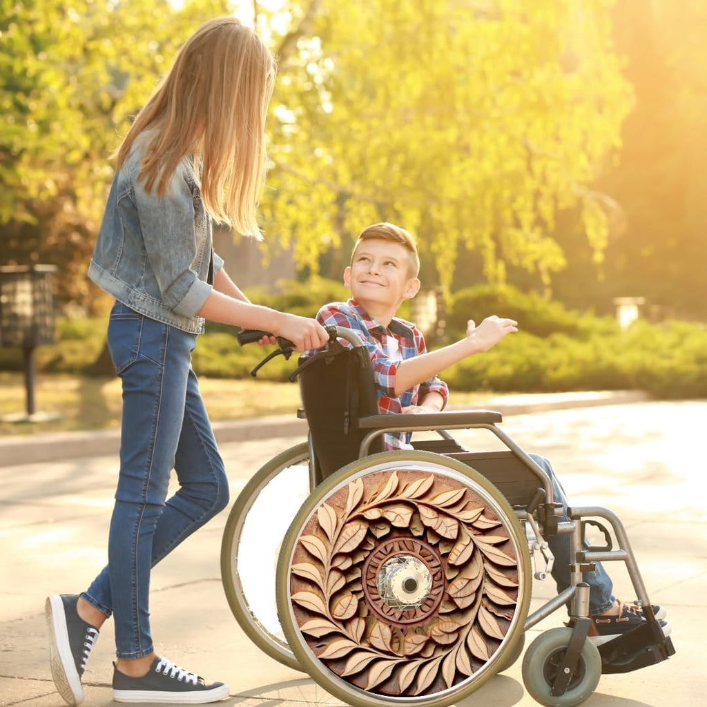 Designer Cover for Wheelchair Wheels, Enhances Aesthetics, Easy Install/Remove, Lightweight, New Matt Finish (Wooden Flower)