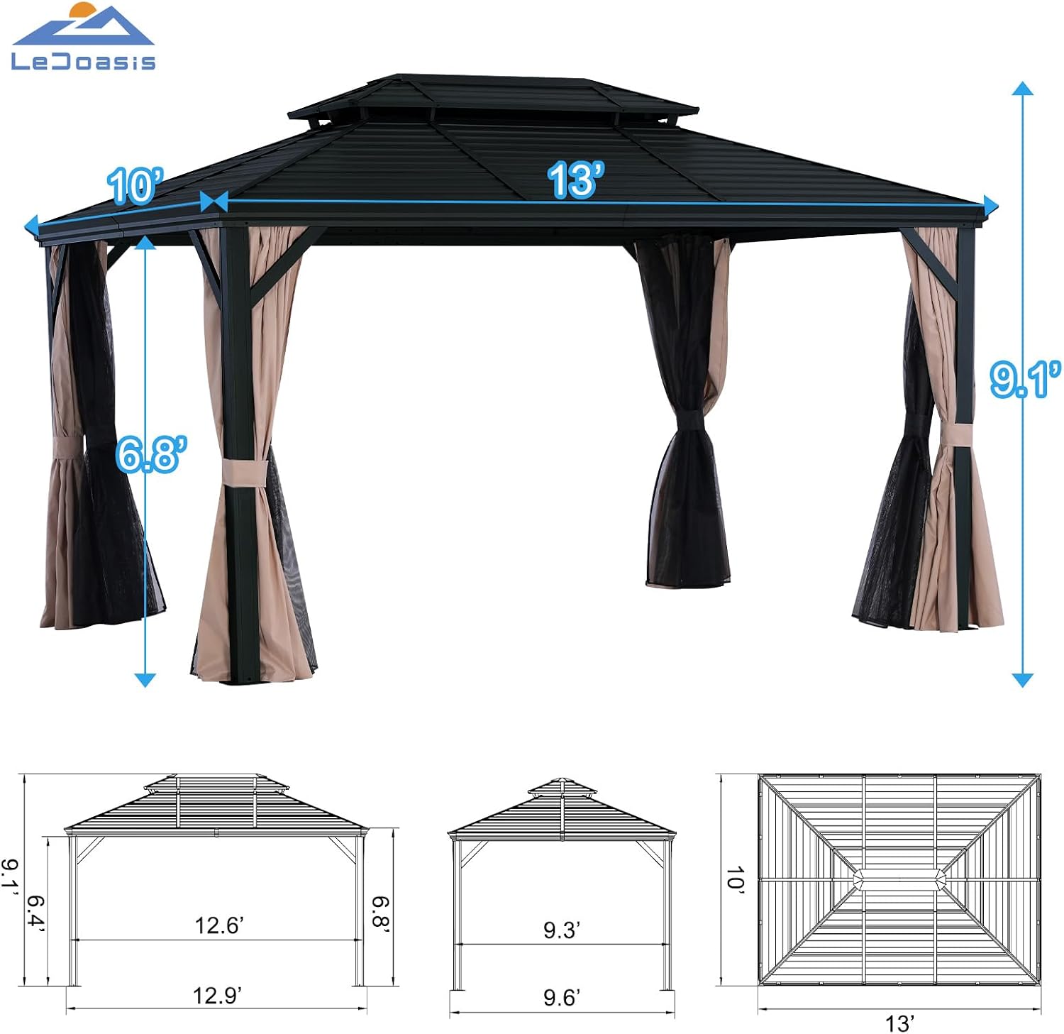LeDoasis Nova 10' X 13' Hardtop Gazebo with Netting and Curtains, Double Galvanized Steel Outdoor Gazebo, Aluminum Frame Canopy for Garden,Patio,Lawns,Parties
