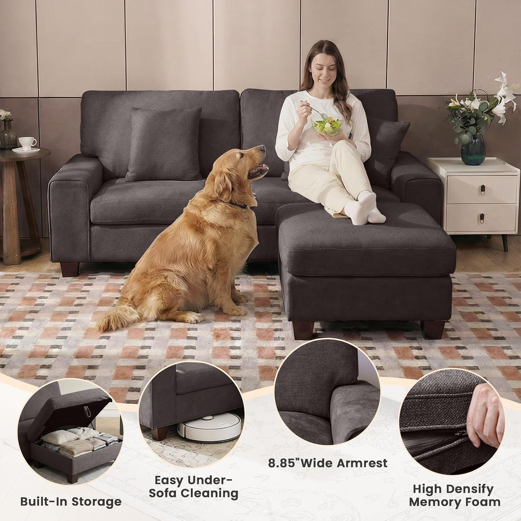 DOPEDIO L-Shaped Sectional Sofa with Storage Ottoman, Modern Chenille Recliner Loveseat, Removable Couch Covers, Pocket Spring Cushions, Solid Wood Frame, Easy to Install (71.25inch, Dark Grey)