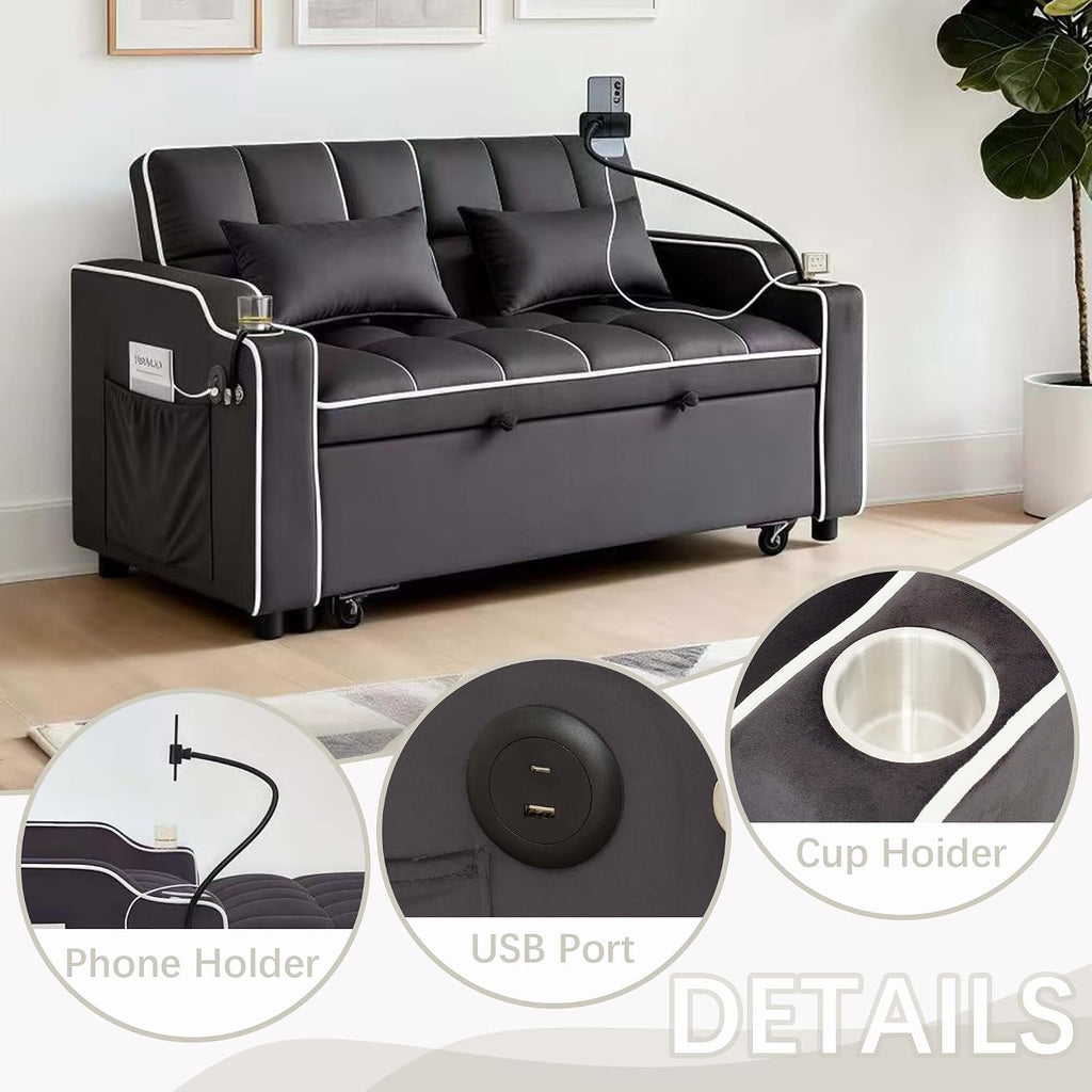 Loveseat Sofa Bed with USB Ports, Phone Holder & Cup Holders | Convertible Futon Couch for Small Spaces, Pull-Out Sleeper Sofa for Living Room & Apartments (Grey)