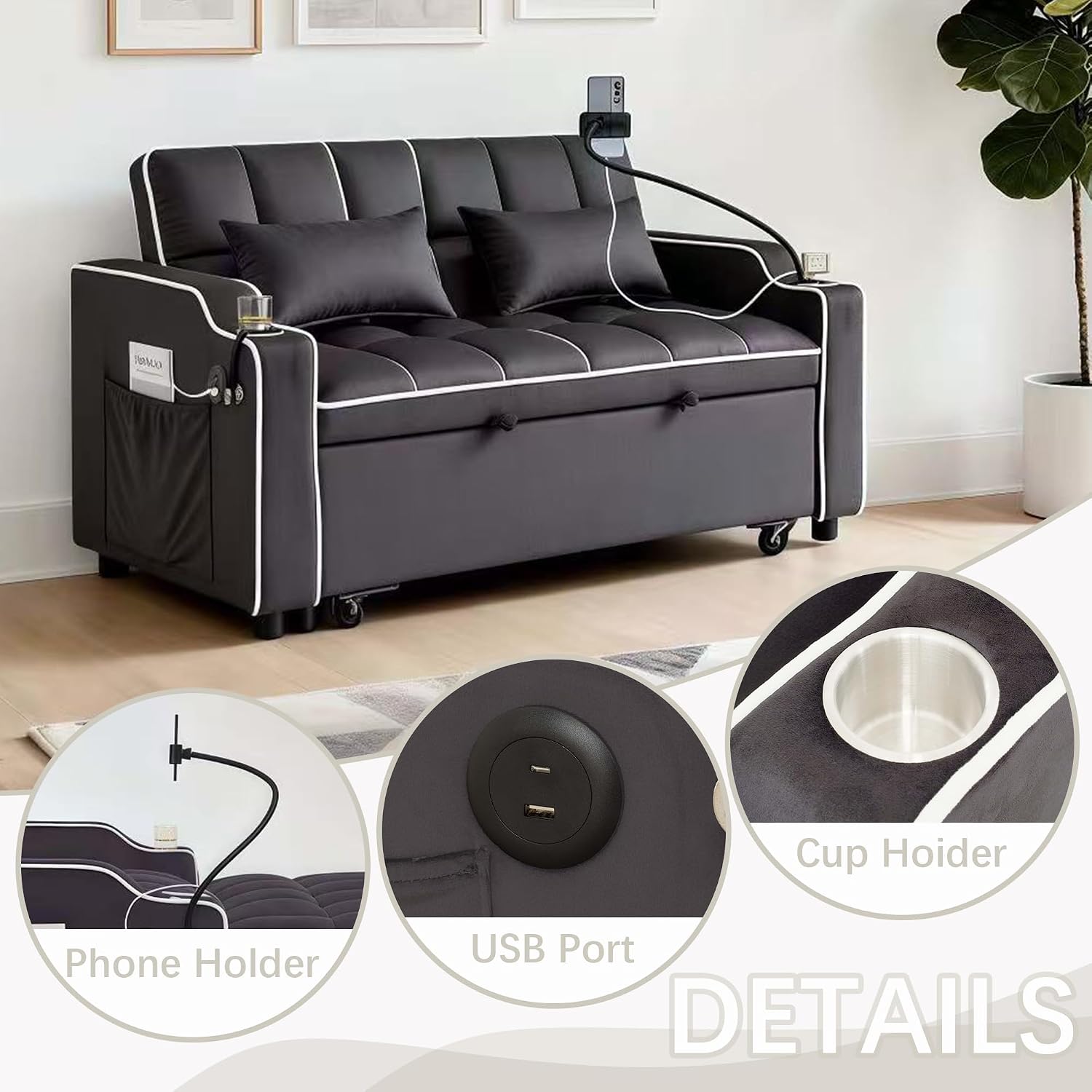 Loveseat Sofa Bed with USB Ports, Phone Holder & Cup Holders | Convertible Futon Couch for Small Spaces, Pull-Out Sleeper Sofa for Living Room & Apartments (Grey)