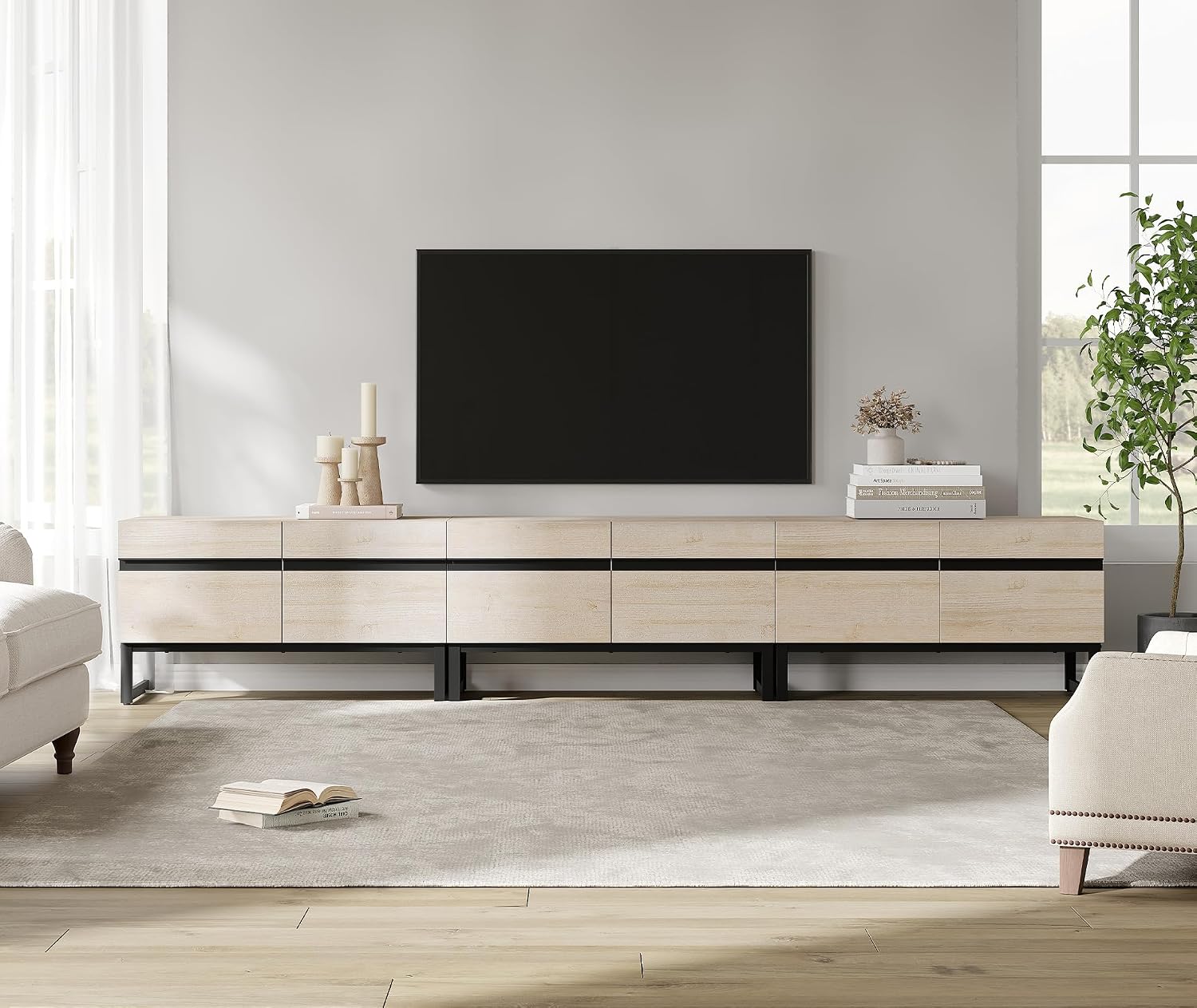 WAMPAT Modern TV Stand for 32-110 Inch TVs, Wood Entertainment Center with Metal Base Storage Cabinets, Media TV Console for Living Room, Light Oak, 3Pcs
