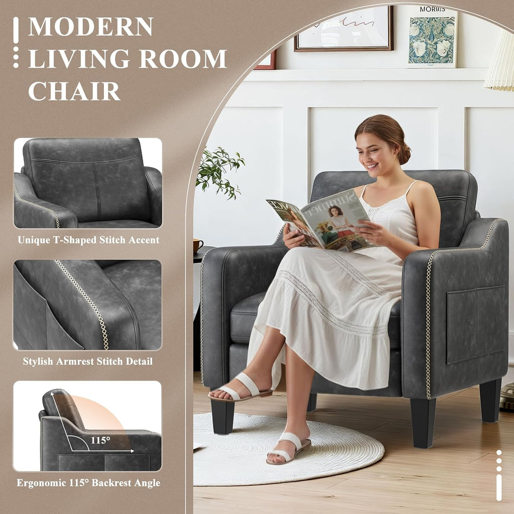 MALOL PU Leather Accent Chair Set of 2, Mid-Century Modern Living Room Armchair Sofa with Removable Cushions, Solid Wood Frame & Stitched Armrest Design, Bedroom Chair with Plastic Legs, Black