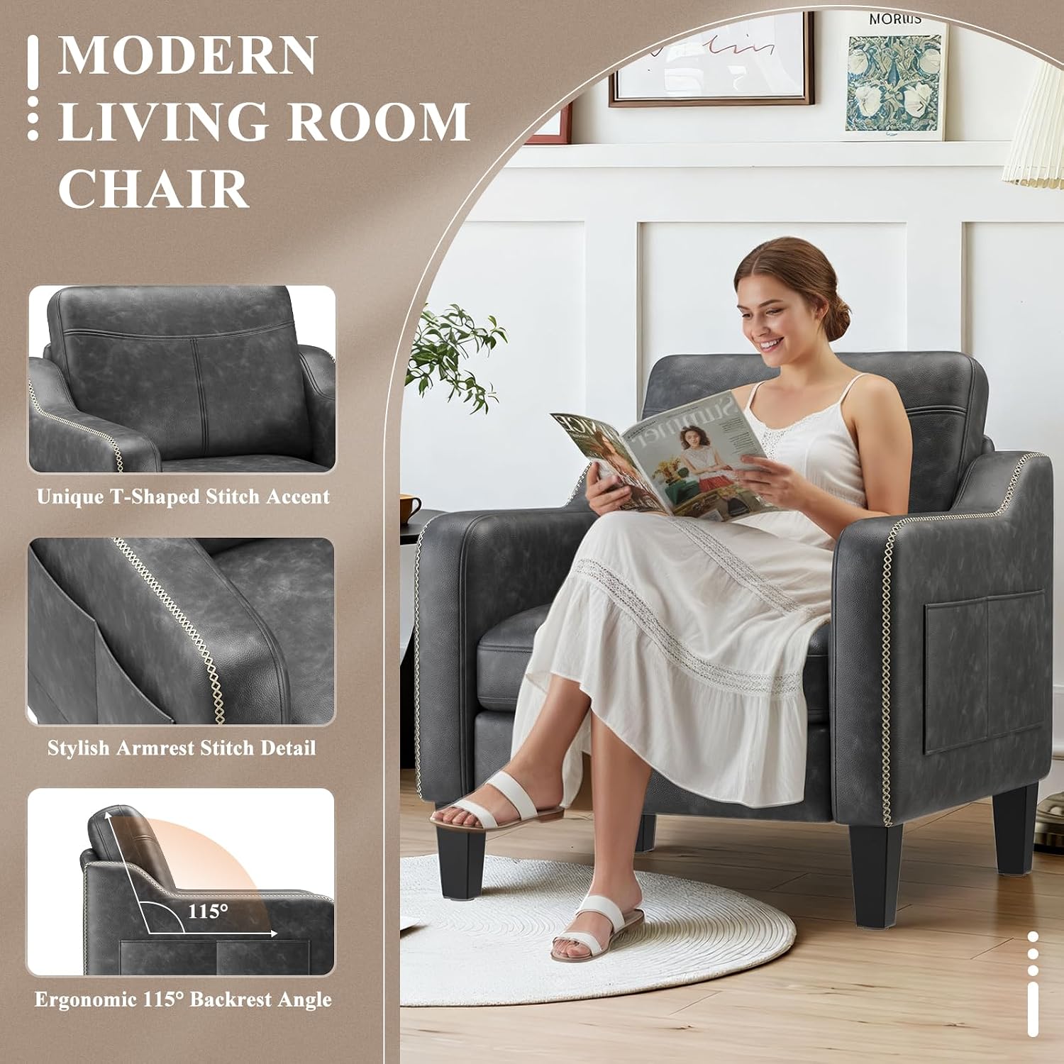MALOL PU Leather Accent Chair Set of 2, Mid-Century Modern Living Room Armchair Sofa with Removable Cushions, Solid Wood Frame & Stitched Armrest Design, Bedroom Chair with Plastic Legs, Black