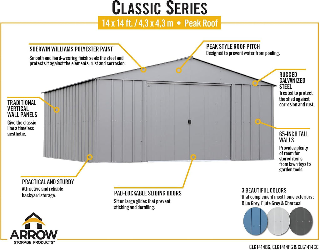 Arrow Classic Metal Shed, 14 x 14, Charcoal