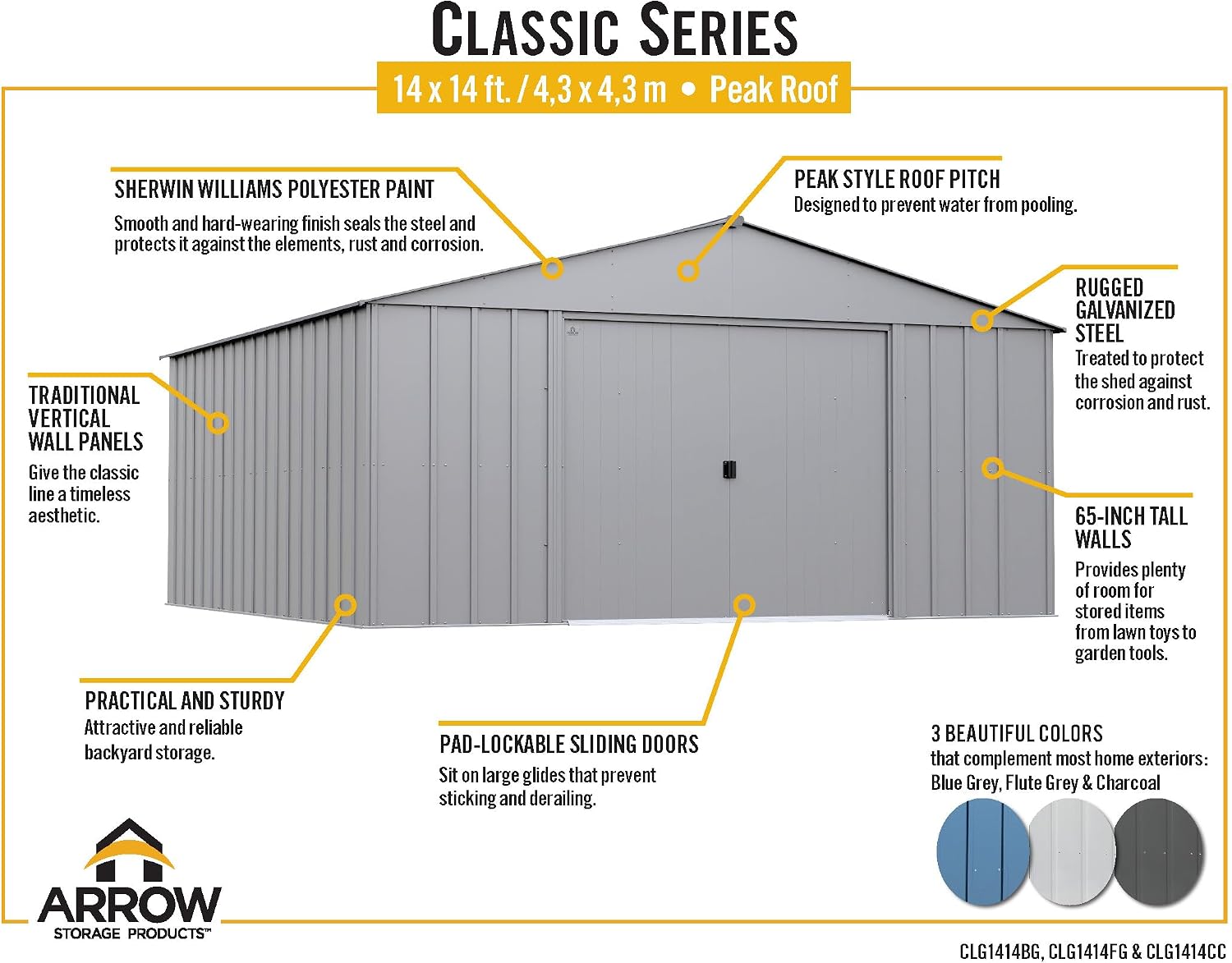 Arrow Classic Metal Shed, 14 x 14, Charcoal