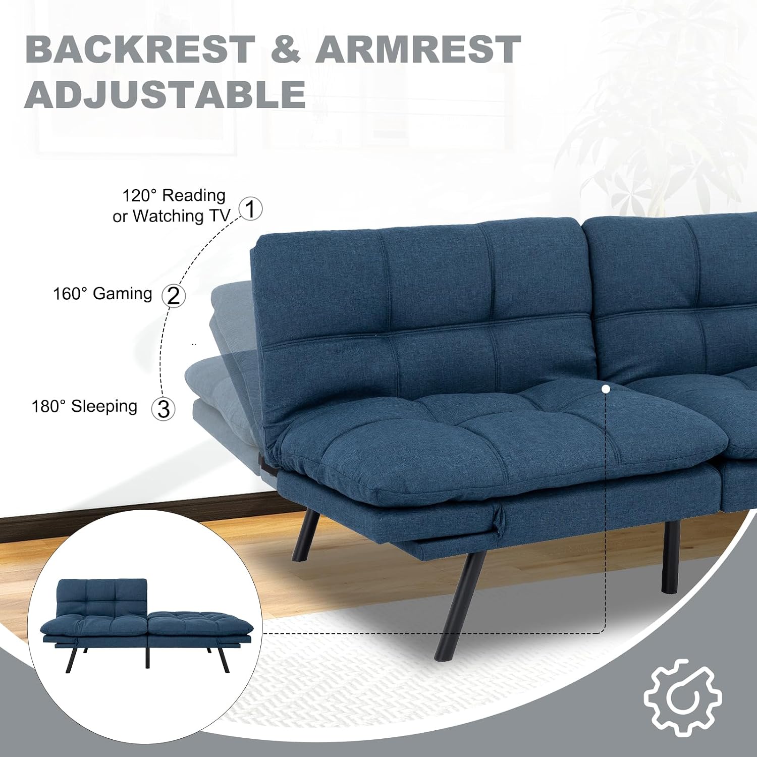 MUUEGM Futon Sofa Bed Convertible Couch,Memory Foam Futon Sofa Couch,Sleeper Futons Sofa Couches,Small Splitback Modern Loveseat Sofa Bed for Living Room,Office,Apartment,Linen Fabric,Blue.