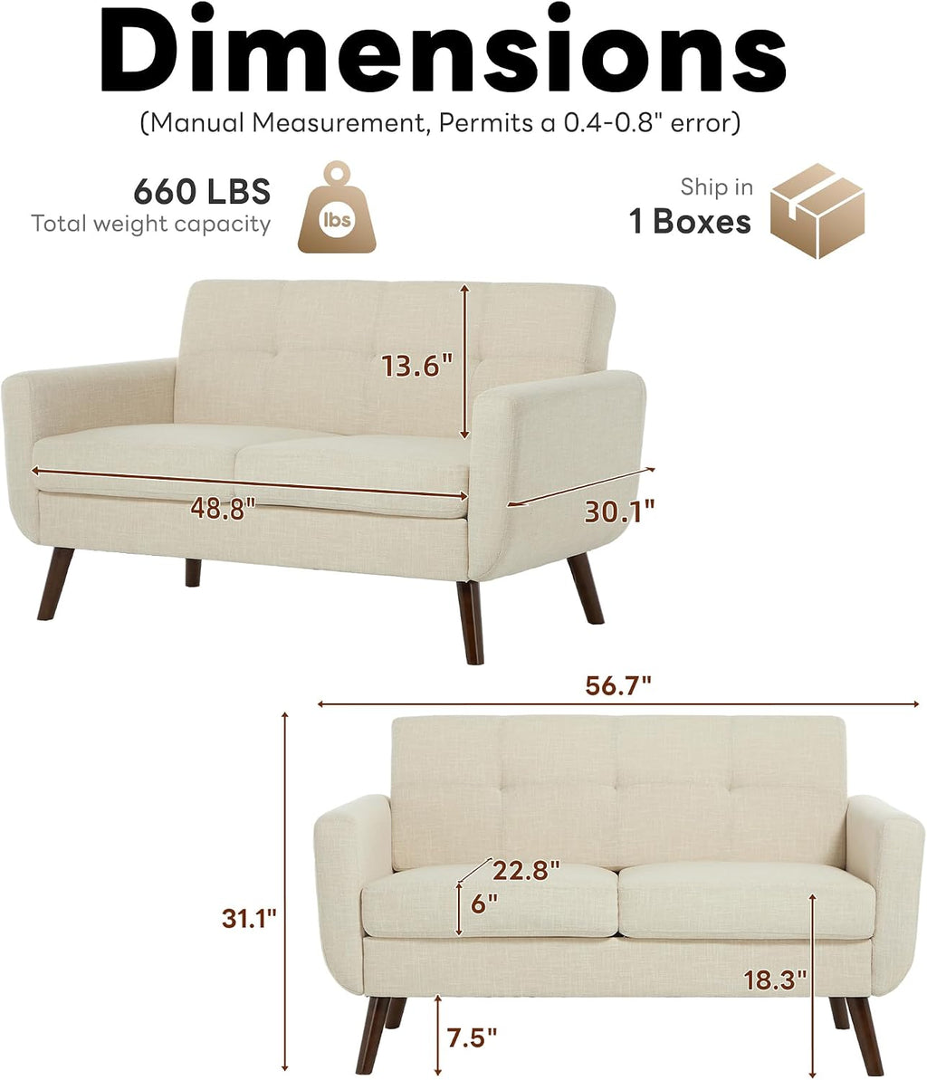 Tbfit 56' W Loveseat Sofa, Mid Century Modern Decor Love Seat Couches for Living Room, Button Tufted Upholstered Small Couch for Bedroom, Solid and Easy to Install Love Seats Furniture, Beige