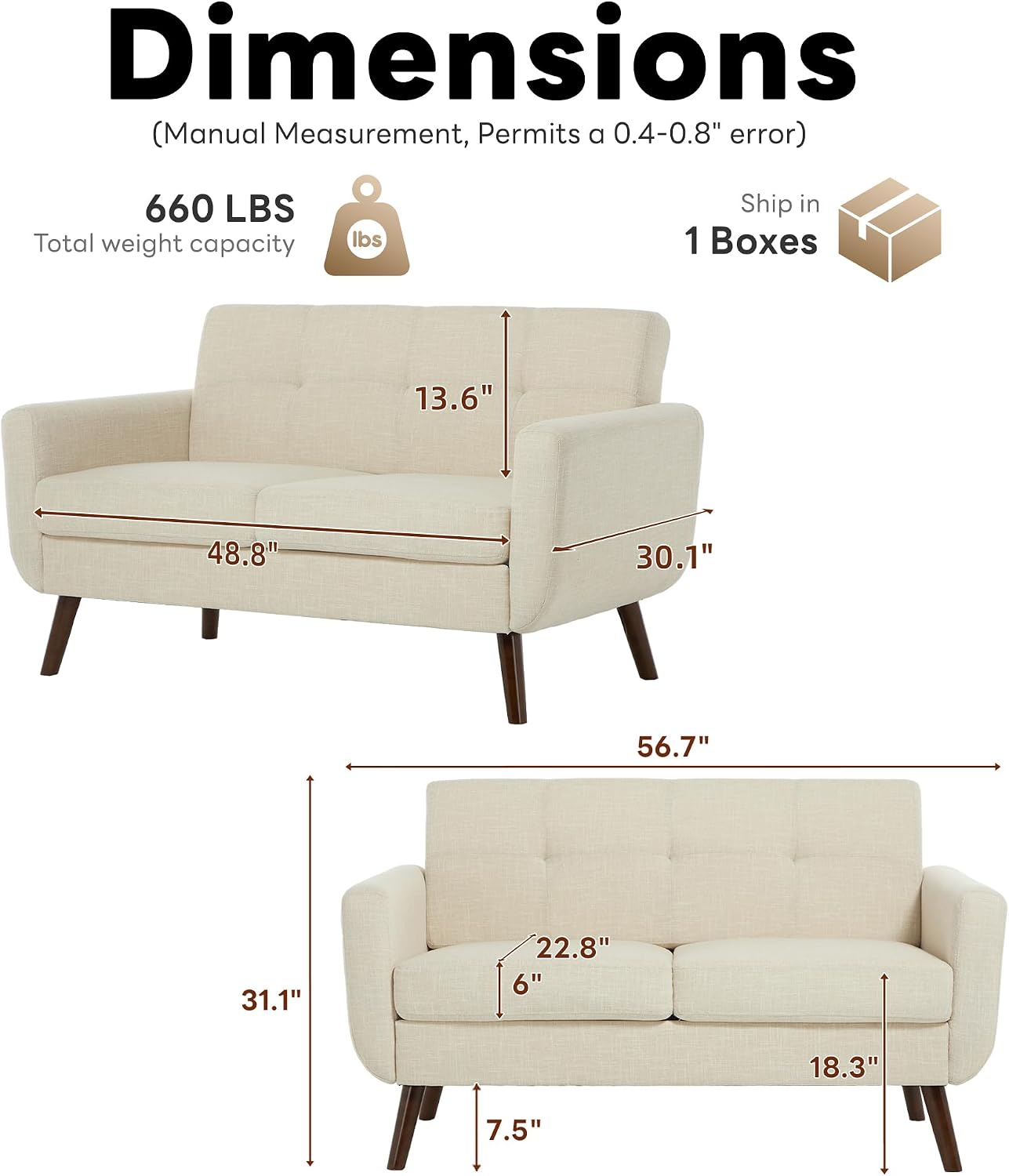 Tbfit 56' W Loveseat Sofa, Mid Century Modern Decor Love Seat Couches for Living Room, Button Tufted Upholstered Small Couch for Bedroom, Solid and Easy to Install Love Seats Furniture, Beige