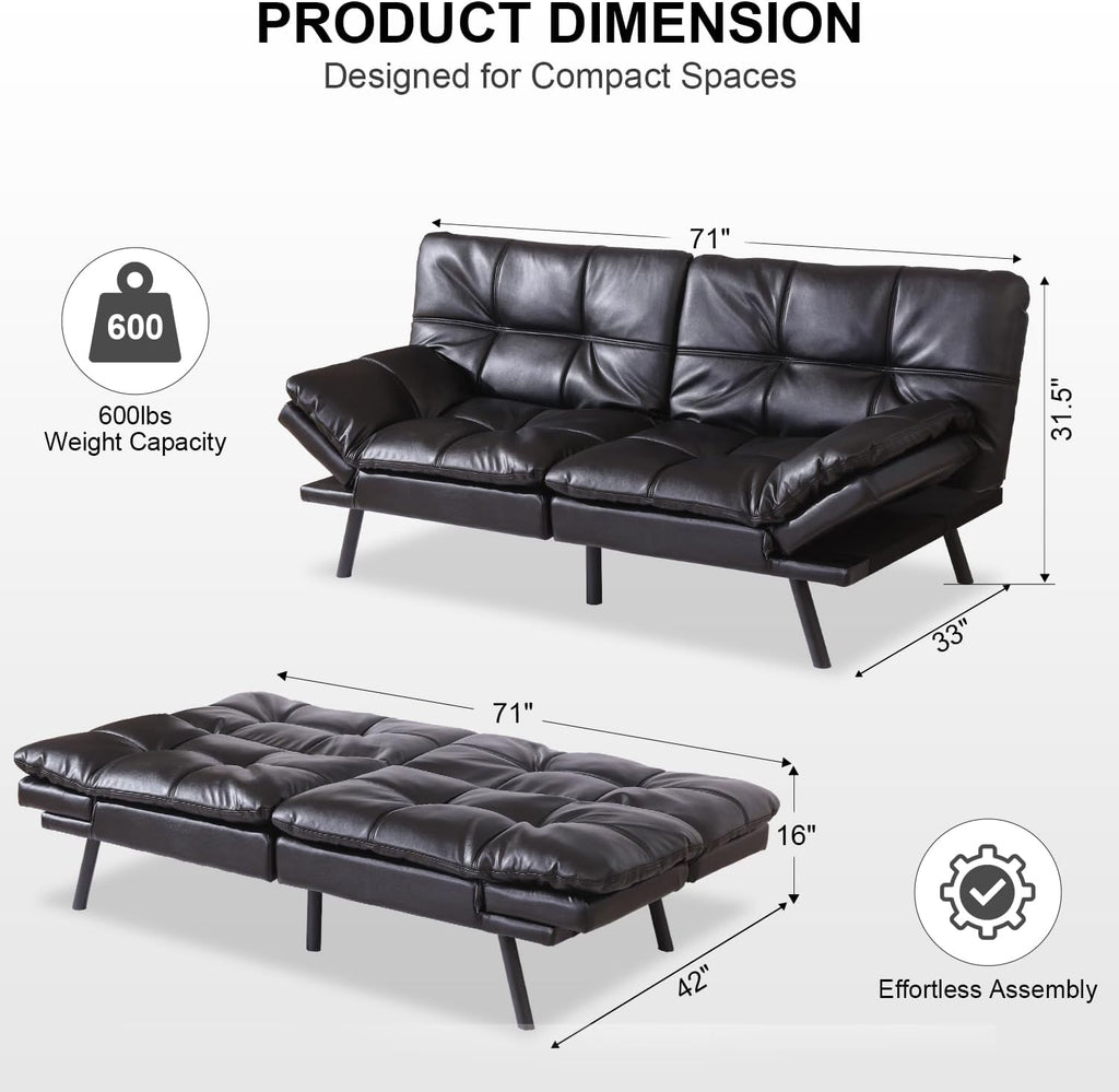 MUUEGM Futon Sofa Bed, 71' Folding Recliner Lounge with Adjustable Backrest & Armrests, Comfy Loveseat Sleeper Couch for Compact Spaces, Faux Leather, Black