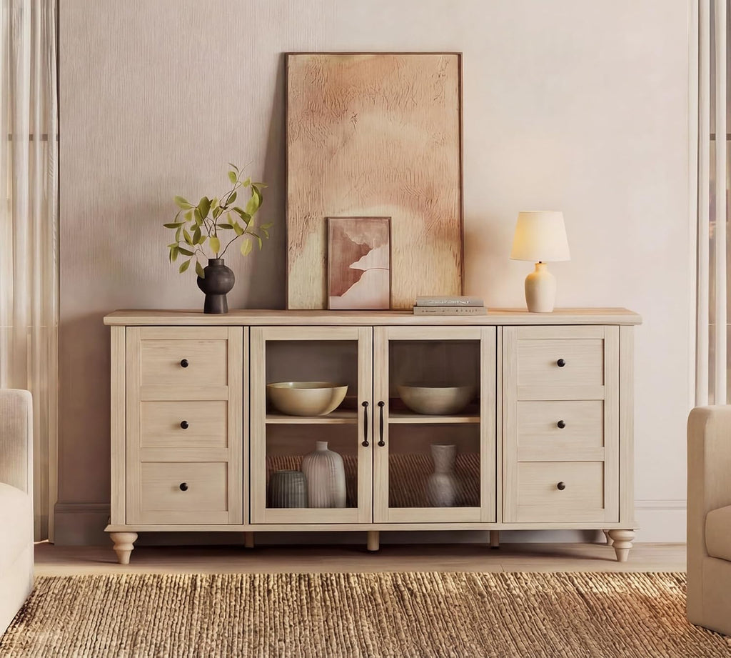 WAMPAT Glass Door TV Stand for TVs up to 75 inch, Wood TV Console Table with 4 Storage Cabinets, Farmhouse Television Stands for Living Room, 58 Inch, Beige