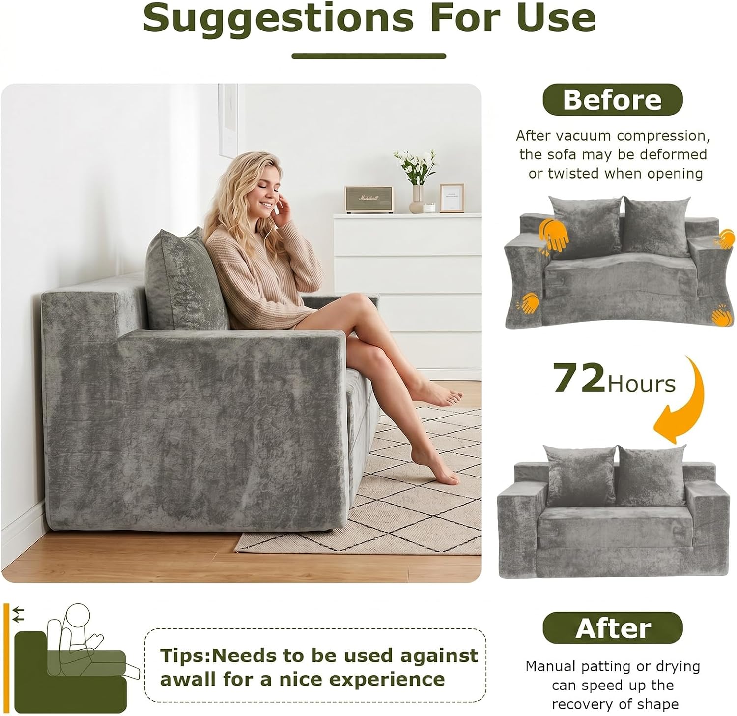Boneless Couch Loveseat Sleeper, Convertible Sofa Bed Folding Couch Bed, Boneless Chair Bed & Futon Sofa Bed, Small Pull Out Couch Foldable with 4 Pillows for Living Room, Light Grey