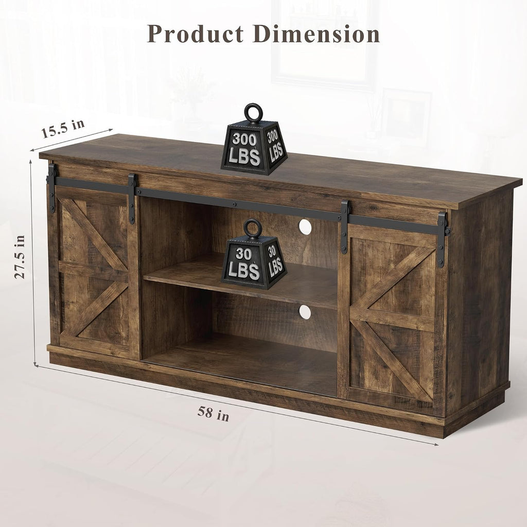 YESHOMY TV Stand for Televisions up to 65 Inches, with Sliding Barn Doors and Storage Cabinets, Console Table and Media Furniture for Living Room, 58 Inch, Barnwood