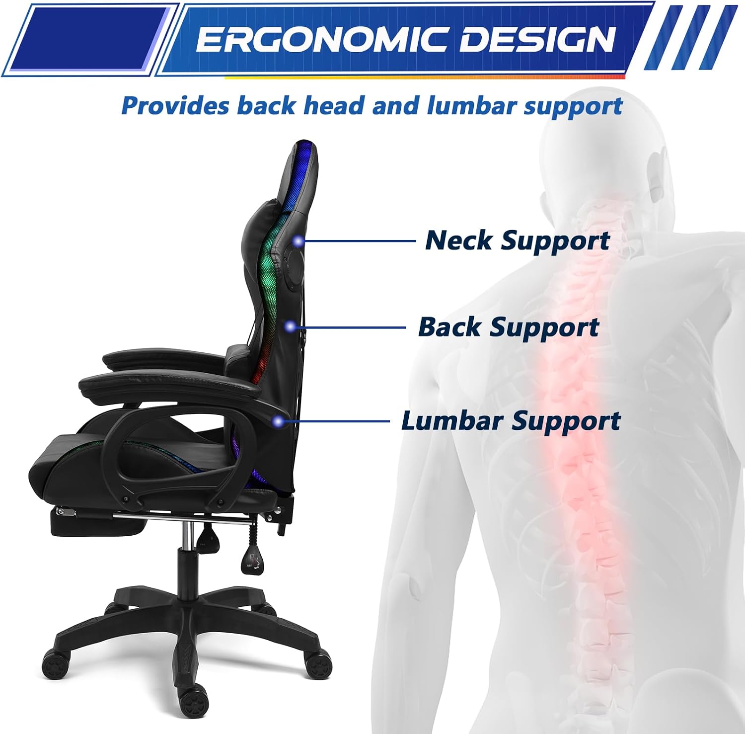 Ergonomic Gaming Chair Computer Chair with RGB LED Lights and Speakers, Office Chair PU Leather Massage Swivel Recliner Chair with Footrest Lumbar Support Headrest Armrest,Red