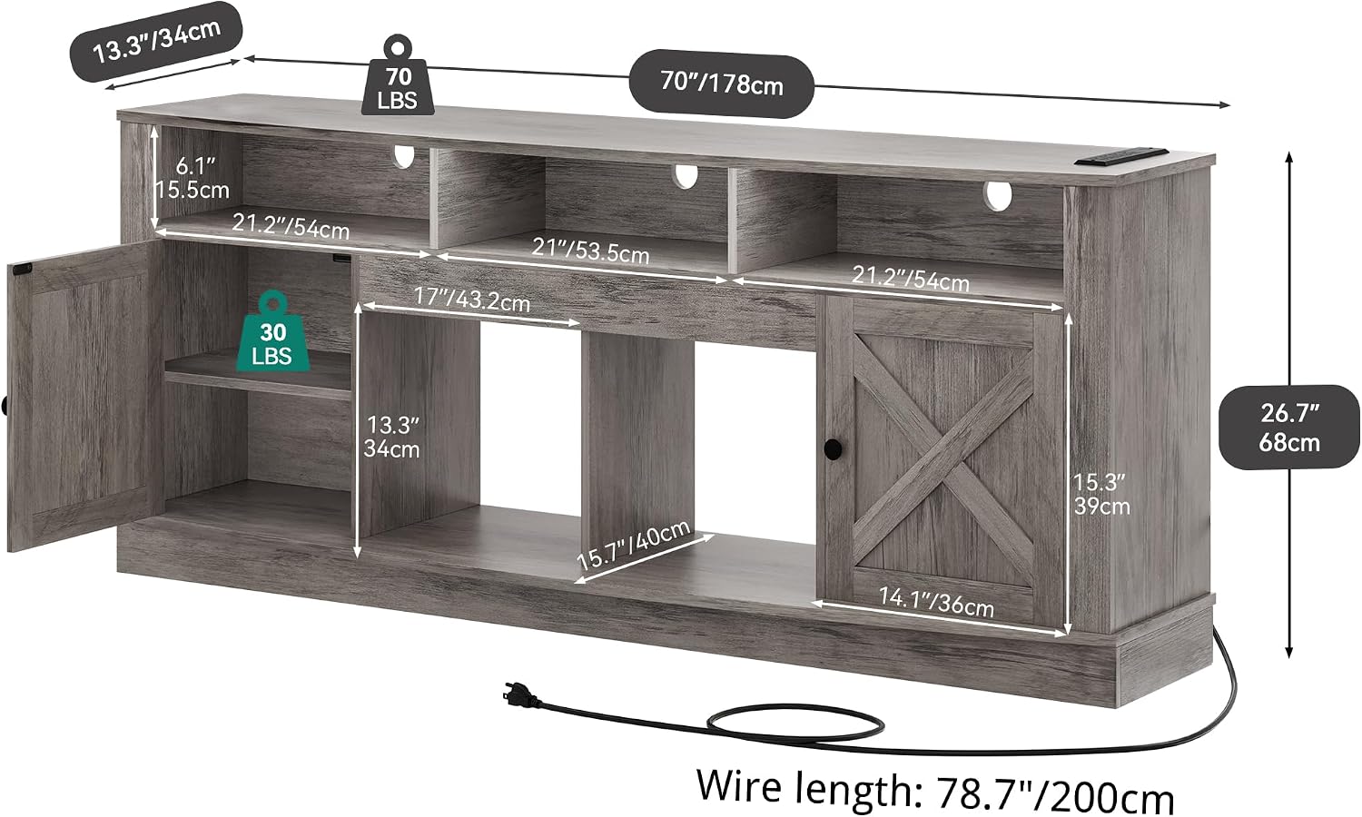 YITAHOME TV Stand for 75/80 Inch TV, Light Rustic Grey Entertainment Center 70 Inches Wide, Media Furniture TV Table with with Power Outlet, TV Consoles for Living Room, Curved Desktop