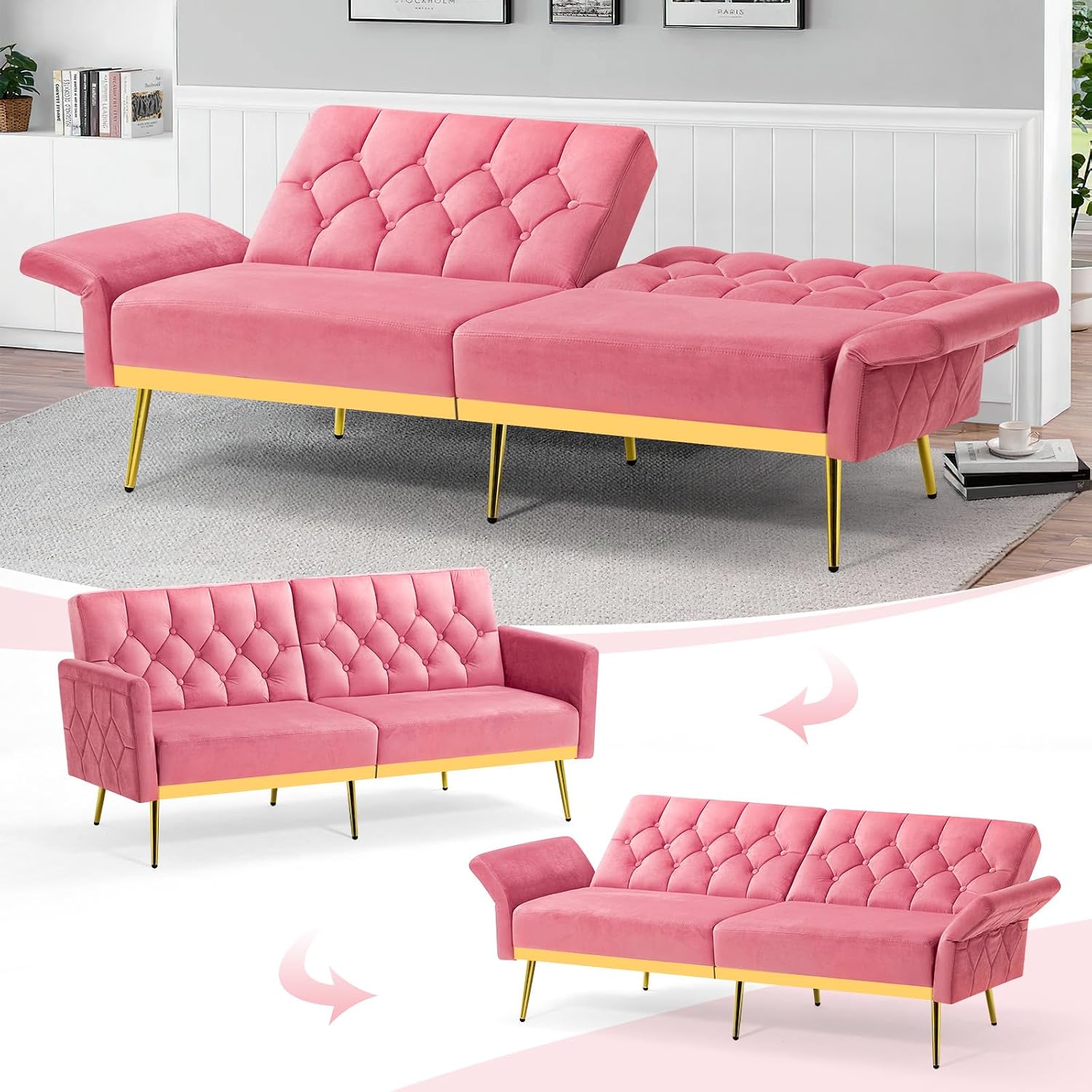Velvet Futon Sofa Bed w/Adjustable Armrests & Backrests, Button Tufted Sleeper Couch, Modern Convertible Loveseat Sofa for Bedroom, Living Room, Apartment, Pink