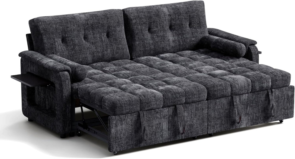 Convertible Sleeper Sofa Bed, 86 Inch Chenille Pull Out Couch with Side Table & Adjustable Backrest, Sectional Sleeper Sofa with Pull Out Bed for Living Room, Apartment, Black