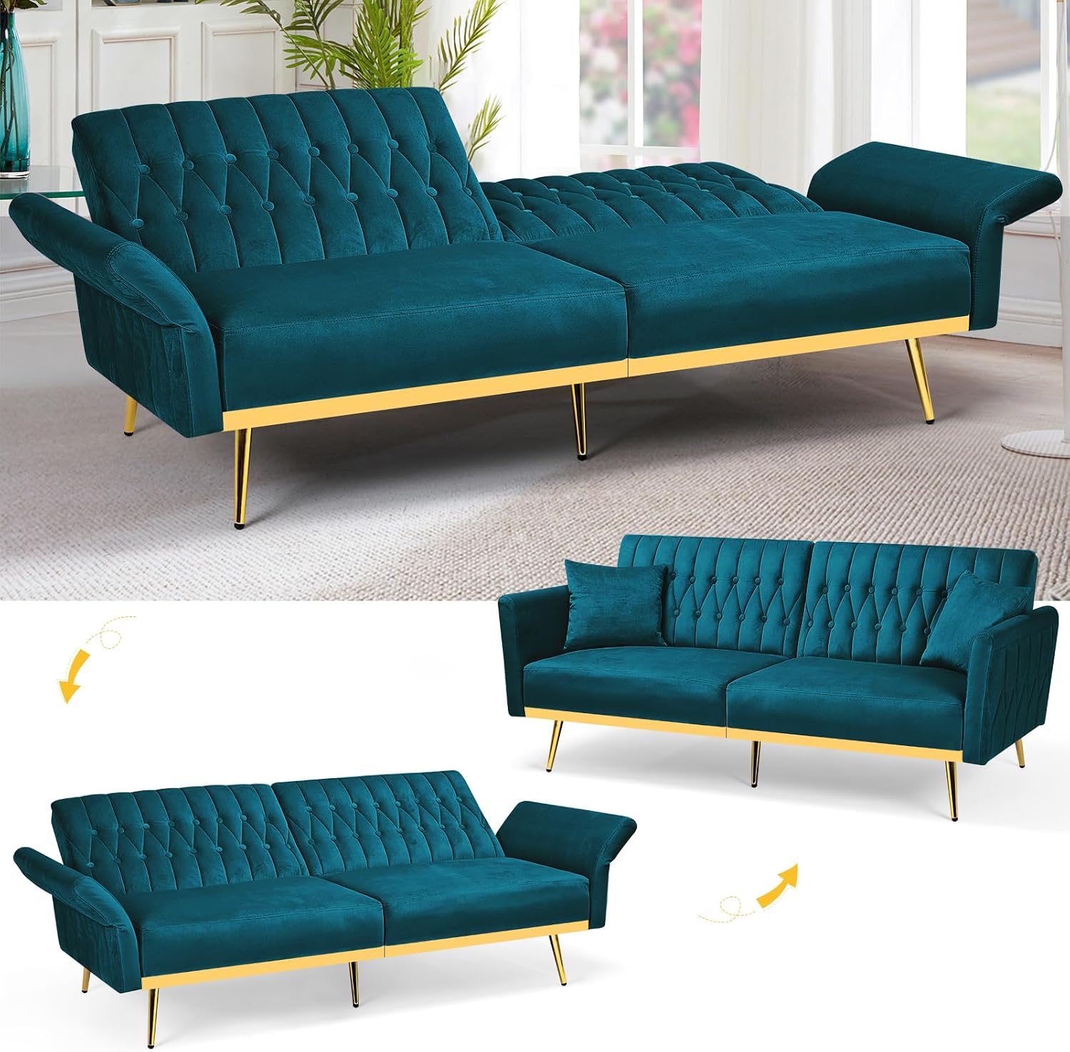 2 Pieces Velvet Sofa Set with Adjustable Armrest and Backrest, 70' Convertible Futon Sofa Bed & Mordern Accent Chair with Ottoman for Living Room, Bedroom, Teal