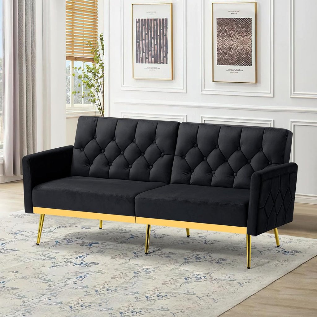 Velvet Futon Sofa Bed w/Adjustable Armrests & Backrests, Button Tufted Sleeper Couch, Modern Convertible Loveseat Sofa for Bedroom, Living Room, Apartment, Black