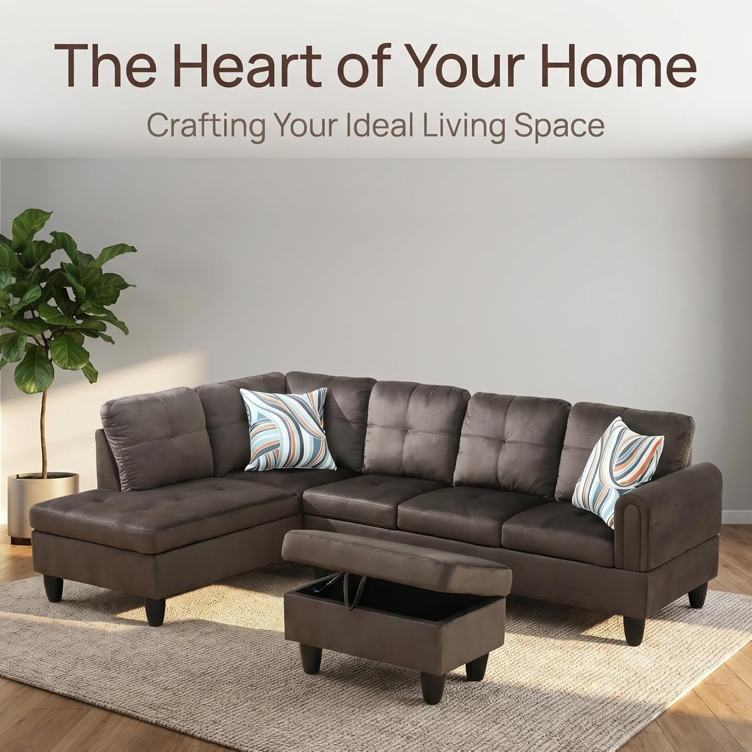 3-Piece L-Shaped Modular Leather Sofa – Convertible Sectional Couch with Movable Chaise & Storage Ottoman, Multi-Scene Use for Living Room, Apartment & Office, Dark Brown