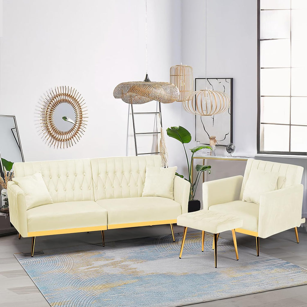 2 Pieces Velvet Sofa Set with Adjustable Armrest and Backrest, 70' Convertible Futon Sofa Bed & Mordern Accent Chair with Ottoman for Living Room, Bedroom, Beige
