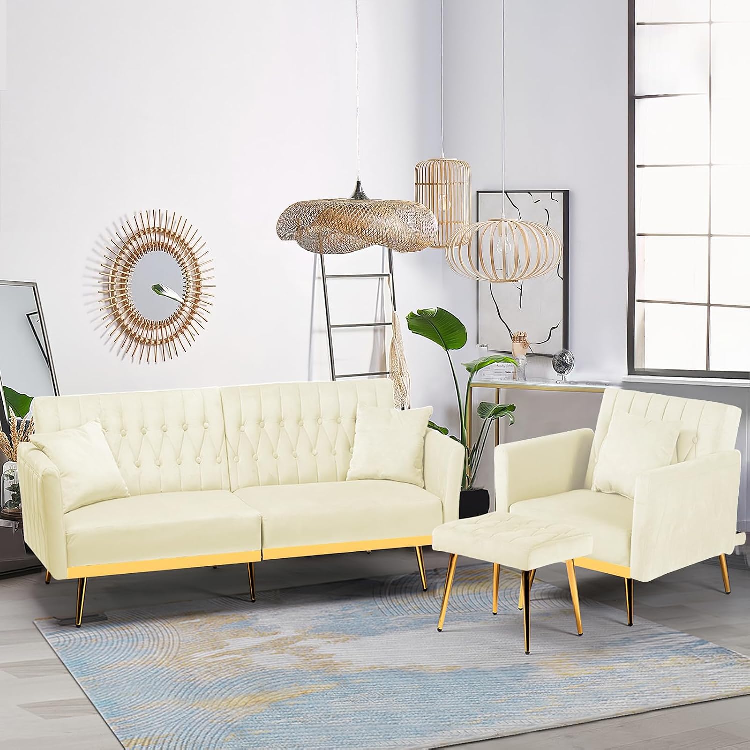 2 Pieces Velvet Sofa Set with Adjustable Armrest and Backrest, 70' Convertible Futon Sofa Bed & Mordern Accent Chair with Ottoman for Living Room, Bedroom, Beige