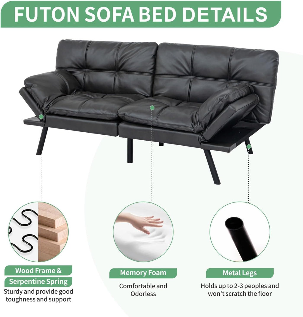 MUUEGM 71' Futon Sofa Bed, Convertible Couch Filled with Memory Foam, Modern Loveseat with Adjustable Backrest&Armrest, Sofas for Living Room,Game Room,Dormitory,Office.Matte Black Leather
