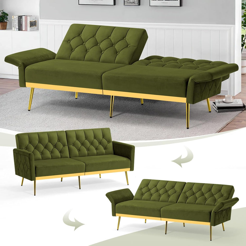 Velvet Sofa Bed w/Adjustable Armrests and Backrests, Modern Convertible Sleeper Sofa, Tufted Futon Sofa for Bedroom, Living Room, Apartment, Olive Green