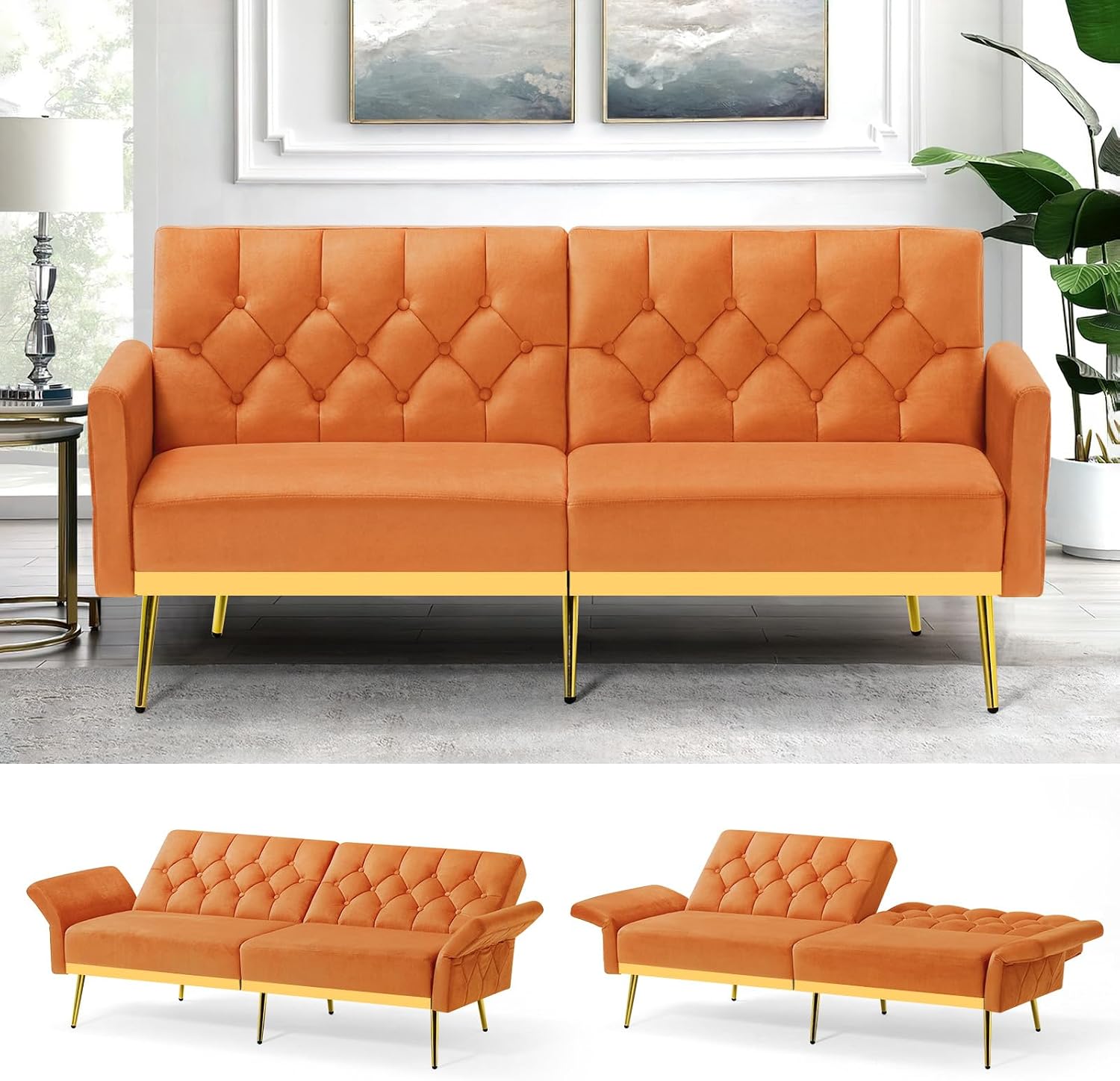 Velvet Sofa Bed w/Adjustable Armrests and Backrests, Modern Convertible Sleeper Sofa, Tufted Futon Sofa for Bedroom, Living Room, Apartment, Orange