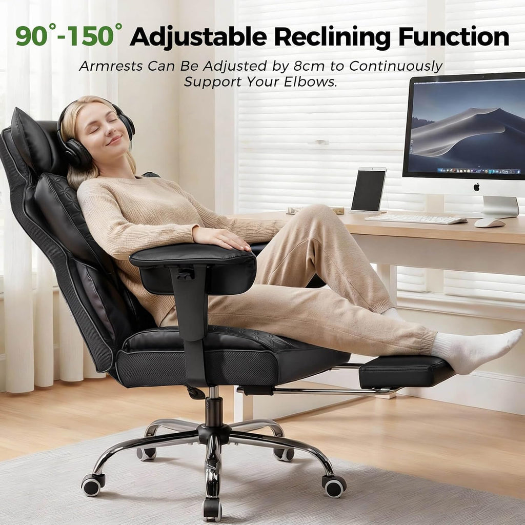 GTPOFFICE Big and Tall Office Chair 400LBS Wide Seat Computer Gaming Chair with Footrest & Comfy Lumbar Support, Leather High Back Executive Chair with Ergonomic Pressure Relief Seat Cushion, Black