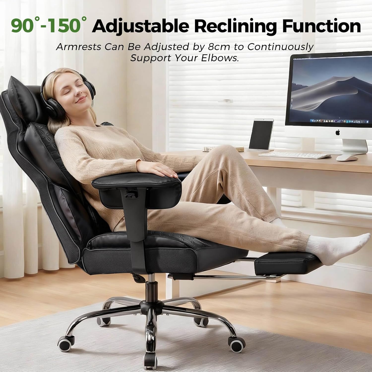 GTPOFFICE Big and Tall Office Chair 400LBS Wide Seat Computer Gaming Chair with Footrest & Comfy Lumbar Support, Leather High Back Executive Chair with Ergonomic Pressure Relief Seat Cushion, Black