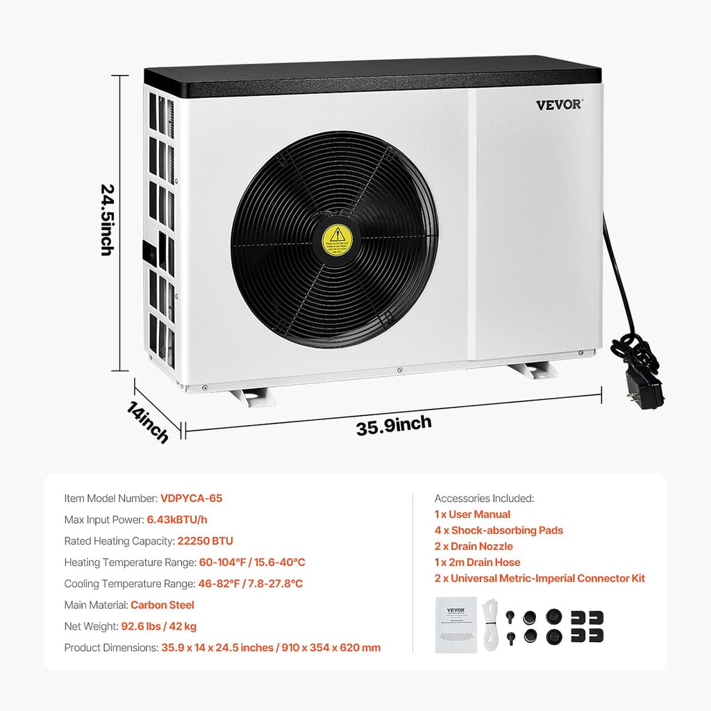 VEVOR Electric Pool Heat Pump, 22250 BTU, Pool Heaters for 3171-6605GAL Above and In Ground Pools, Low Noise, Heating and Cooling Highly Efficient & Energy-Saving Pool Water Heater AC120V 60Hz