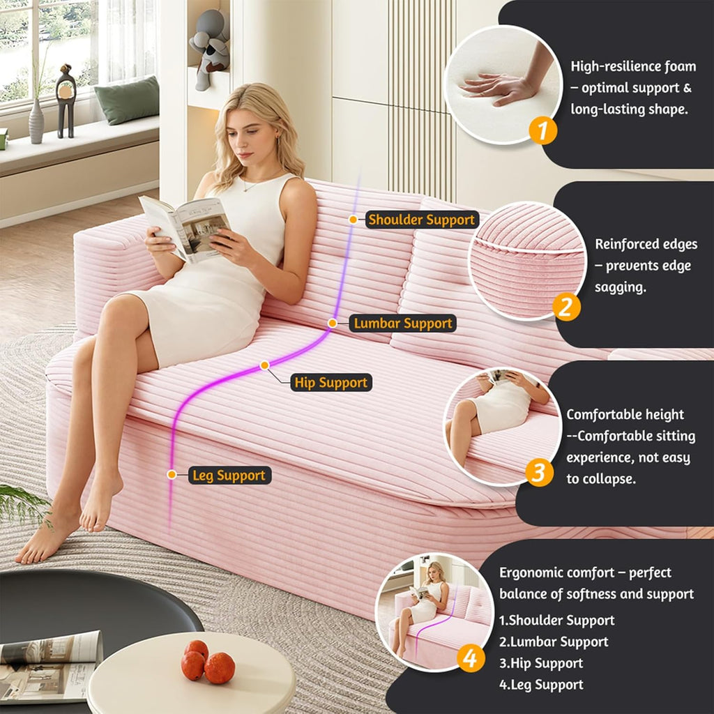 Convertible Sleeper Sofa, Modern 78-inch Folding Futon Corduroy Floor Foam Compression Loveseat Sofa Bed Couch, Foldable Full Size Guest Bed with 2 Pillows for Living Room Bedroom Apartment, Pink