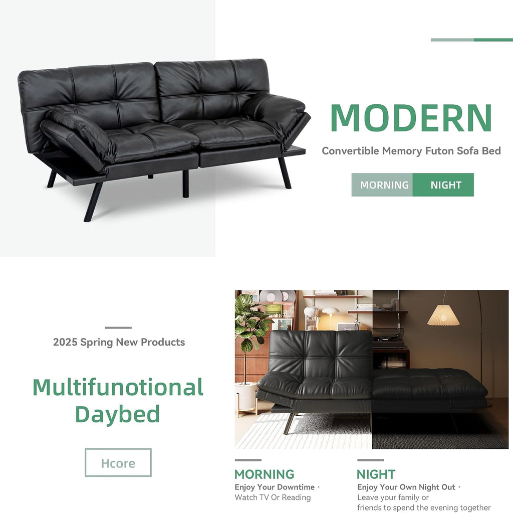 Opoiar 71' L Covertible Futon Sofa Bed,Faux Leather Futon Couch, Memory Foam Modern Loveseat Sleeper, Small Splitback Sofa Couches for Living Room,RV,Home Office,Apartment,Matte Black