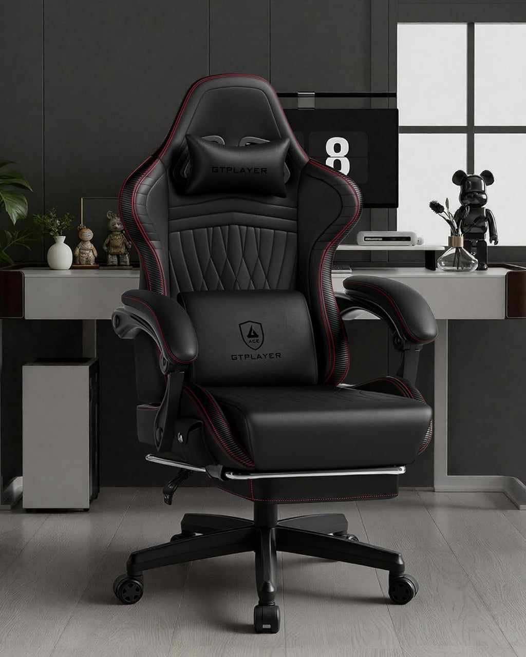 GTPLAYER ACE-PRO Music Gaming Chairs – Built-in Speakers, App Support & Bluetooth Control, Computer Game Chairs with Footrest for Adults, Ergonomic, Reclining, Linkage Armrest, BK‑RD Stitch